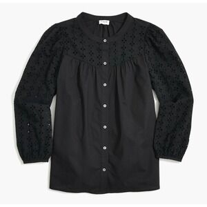 J.Crew Black Eyelet Embroidered Puff Sleeve Button Front Top Blouse Medium